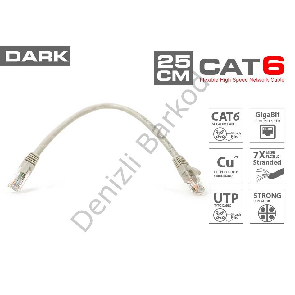 DARK DK-CB-NT6U25G 25CM UTP CAT6 PATCH KABLO GRI AWG24/7