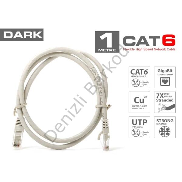 DARK DK-CB-NT6U100G 1MT UTP CAT6 PATCH KABLO GRI AWG24/7