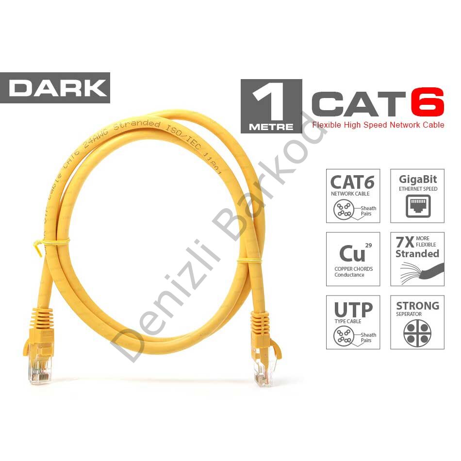 DARK DK-CB-NT6U100Y 1MT UTP CAT6 PATCH KABLO SARI AWG24/7