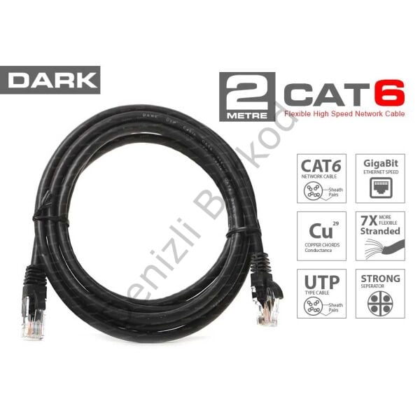 DARK DK-CB-NT6U200B 2MT UTP CAT6 PATCH KABLO SIYAH AWG24/7