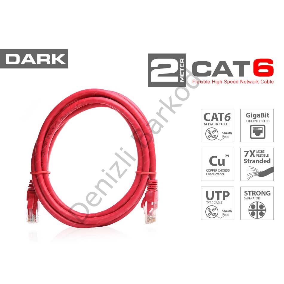 DARK DK-CB-NT6U200R 2MT UTP CAT6 PATCH KABLO KIRMIZI AWG24/7